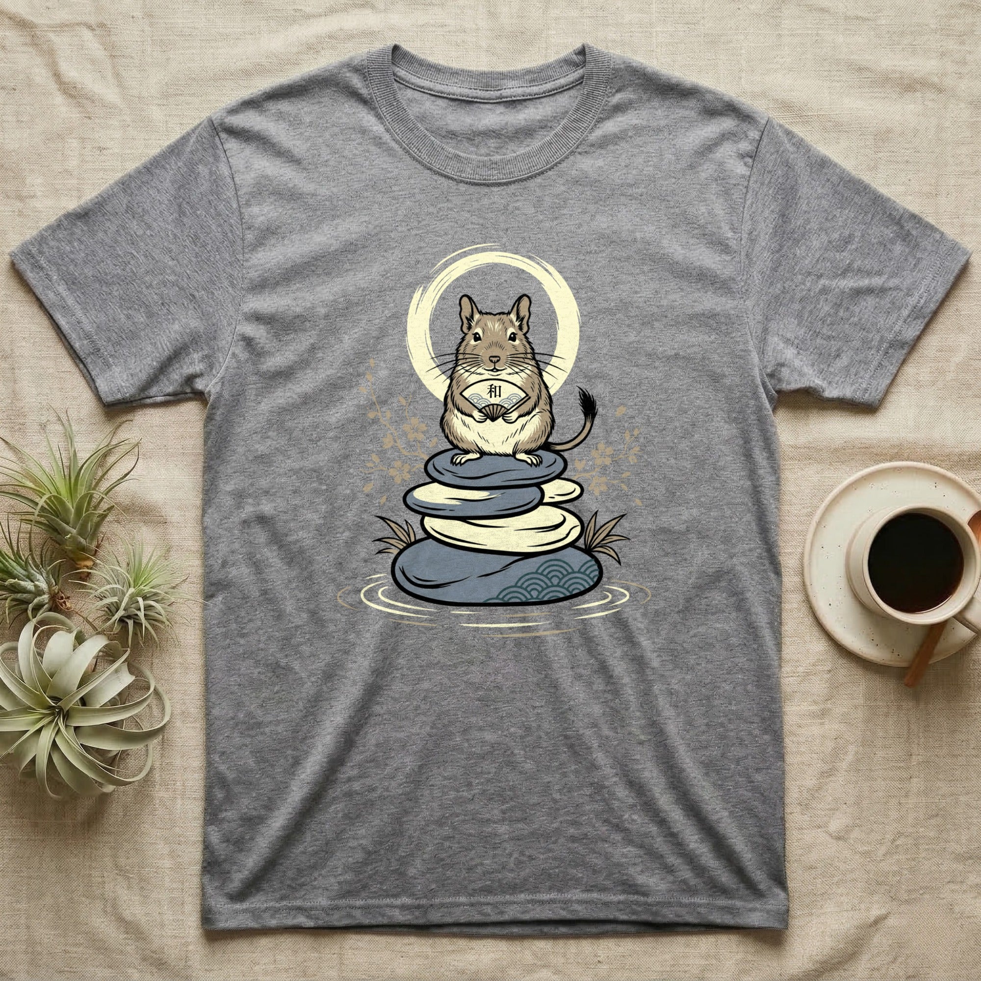 Grey t-shirt with a zen-inspired rodent design and Japanese wave pattern.