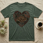 Green t-shirt with a snake and natural elements forming a heart.