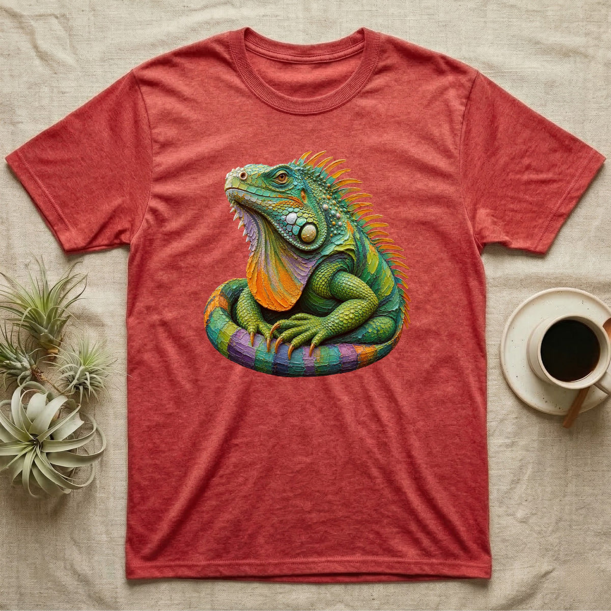 Red t-shirt featuring a vibrant, colorful iguana graphic.
