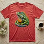 Red t-shirt featuring a vibrant, colorful iguana graphic.