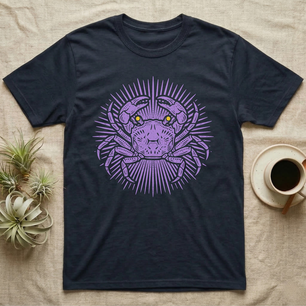 Vampire Crab Folk Medallion T-Shirt in Navy — Violet woodblock vampire crab seen face-on, its raised claws cut into a contained folk sunburst medallion.