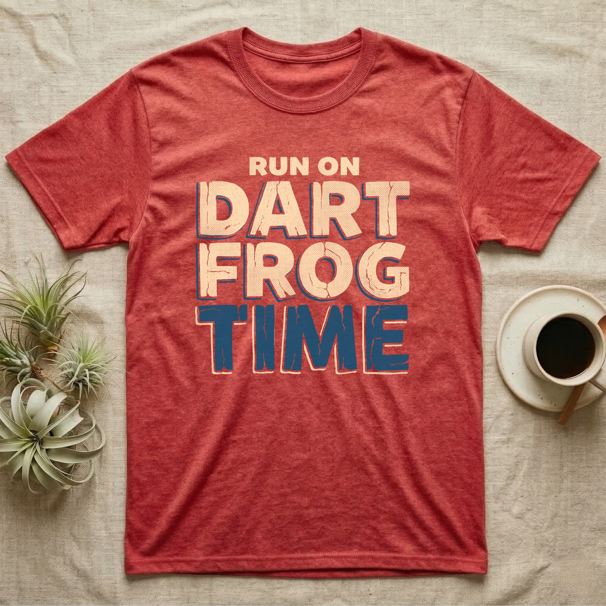 Dart Frog Time T-Shirt in Heather Red — Distressed-block wordmark reading run on dart frog time in a bold two-tier chest lockup, text only.