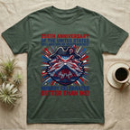 Bearded Dragon Fireworks T-Shirt in Military Green — Pop-art bearded dragon head in a tricorn hat amid red-white-blue fireworks under Nobody Celebrates Better Than Me.
