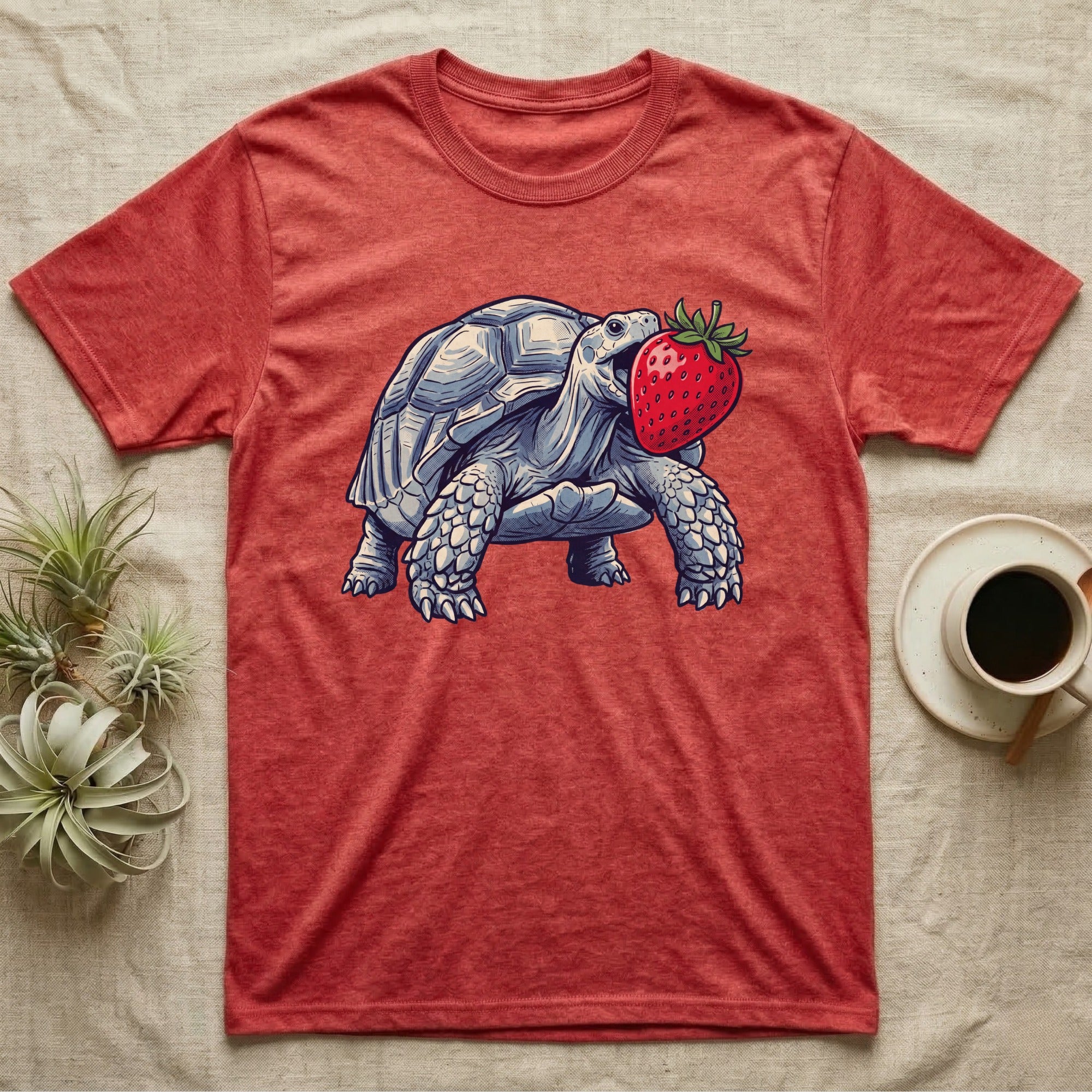 Sulcata Strawberry Tortoise T-Shirt in Heather Red — Bold vector illustration of a sulcata tortoise lunging neck-first toward an oversized red strawberry, head-on view.