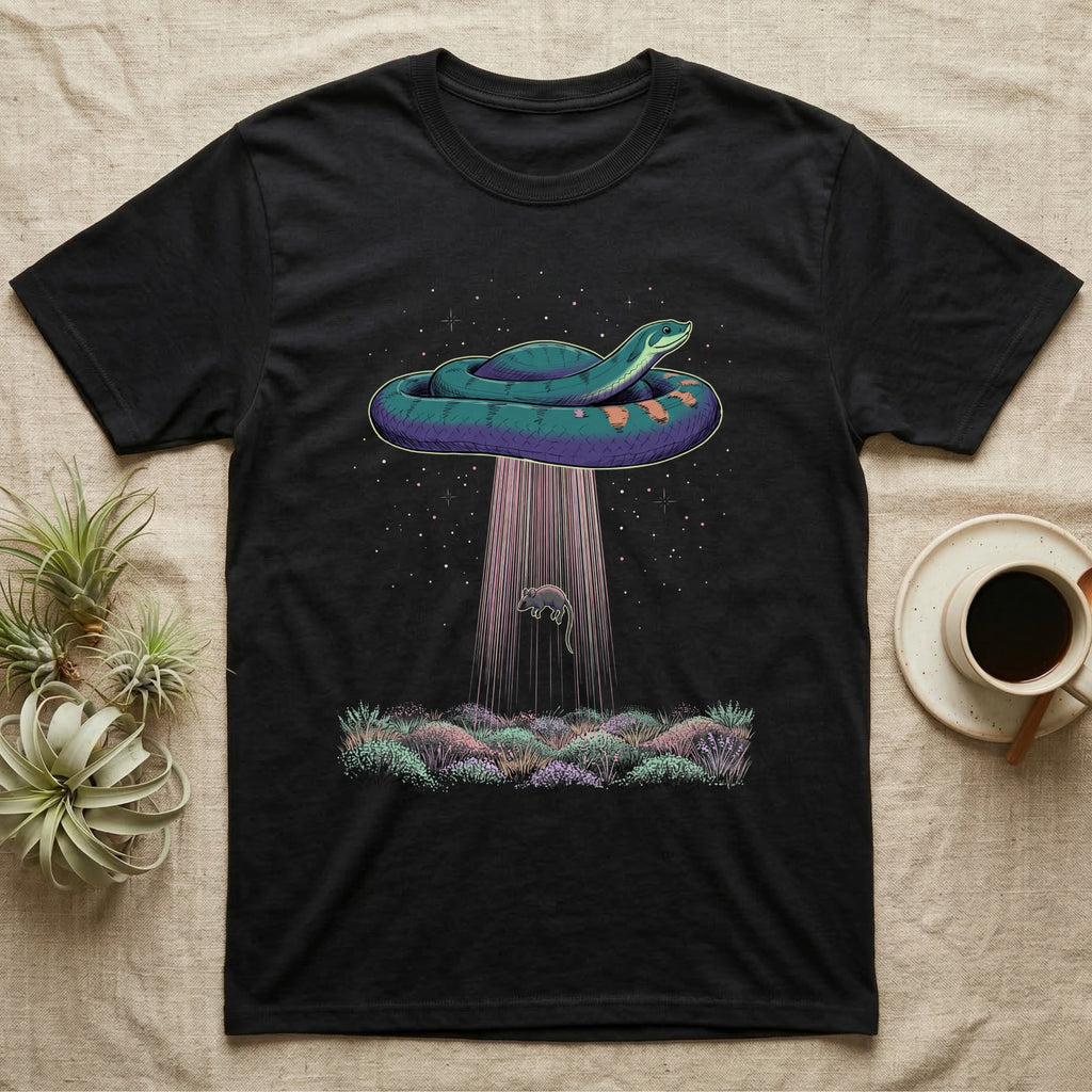 Hognose Night Scene T-Shirt in Black — A western hognose snake outlined in pale light above a stippled grass band and starfield, a fine beam falling below it.