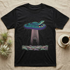Hognose Night Scene T-Shirt in Black — A western hognose snake outlined in pale light above a stippled grass band and starfield, a fine beam falling below it.