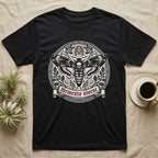 Black t-shirt with a circular death's-head moth design and "Memento Vivere" text.