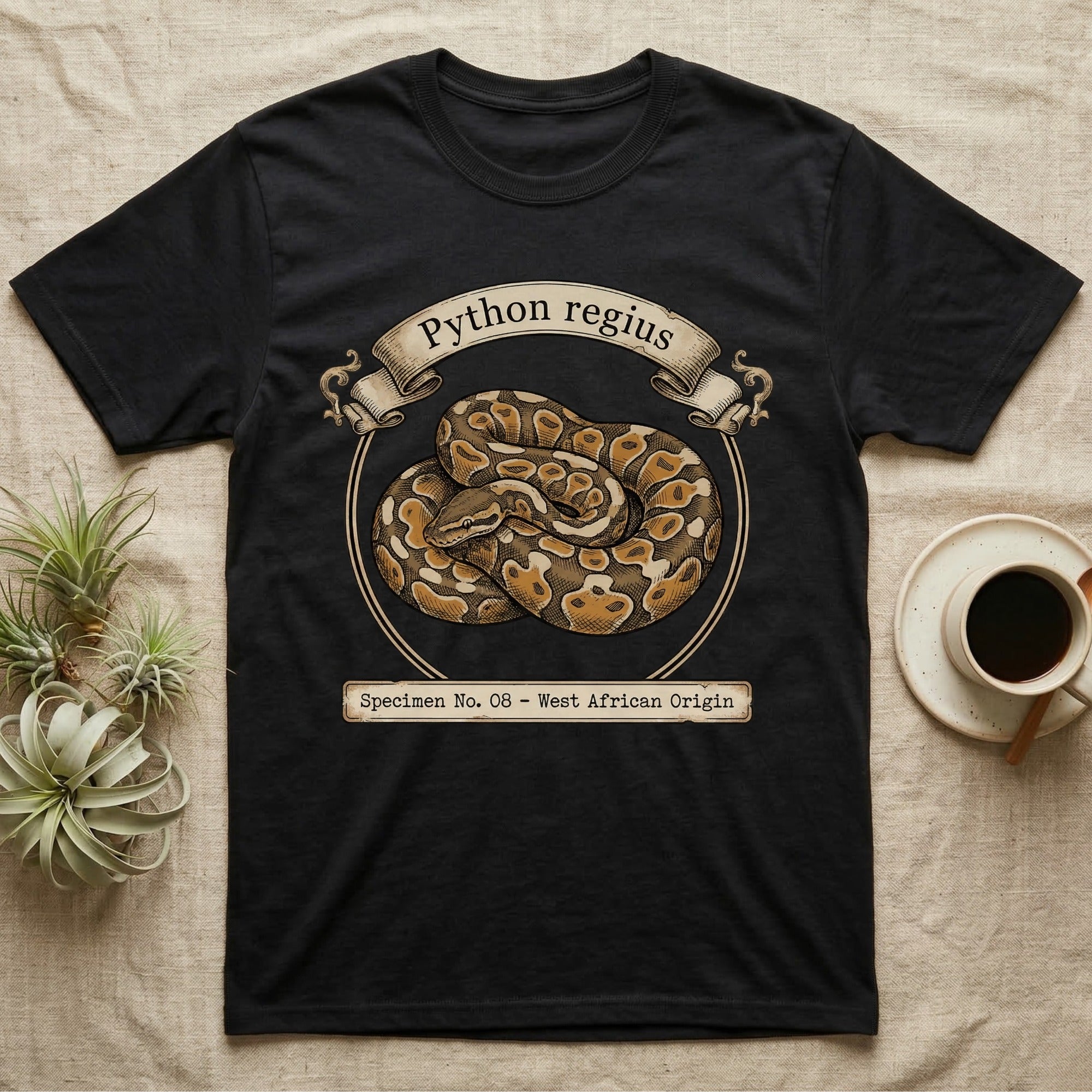 Black t-shirt featuring a Ball Python illustration within a circle, labeled "Python regius Specimen No. 08 - West African Origin."