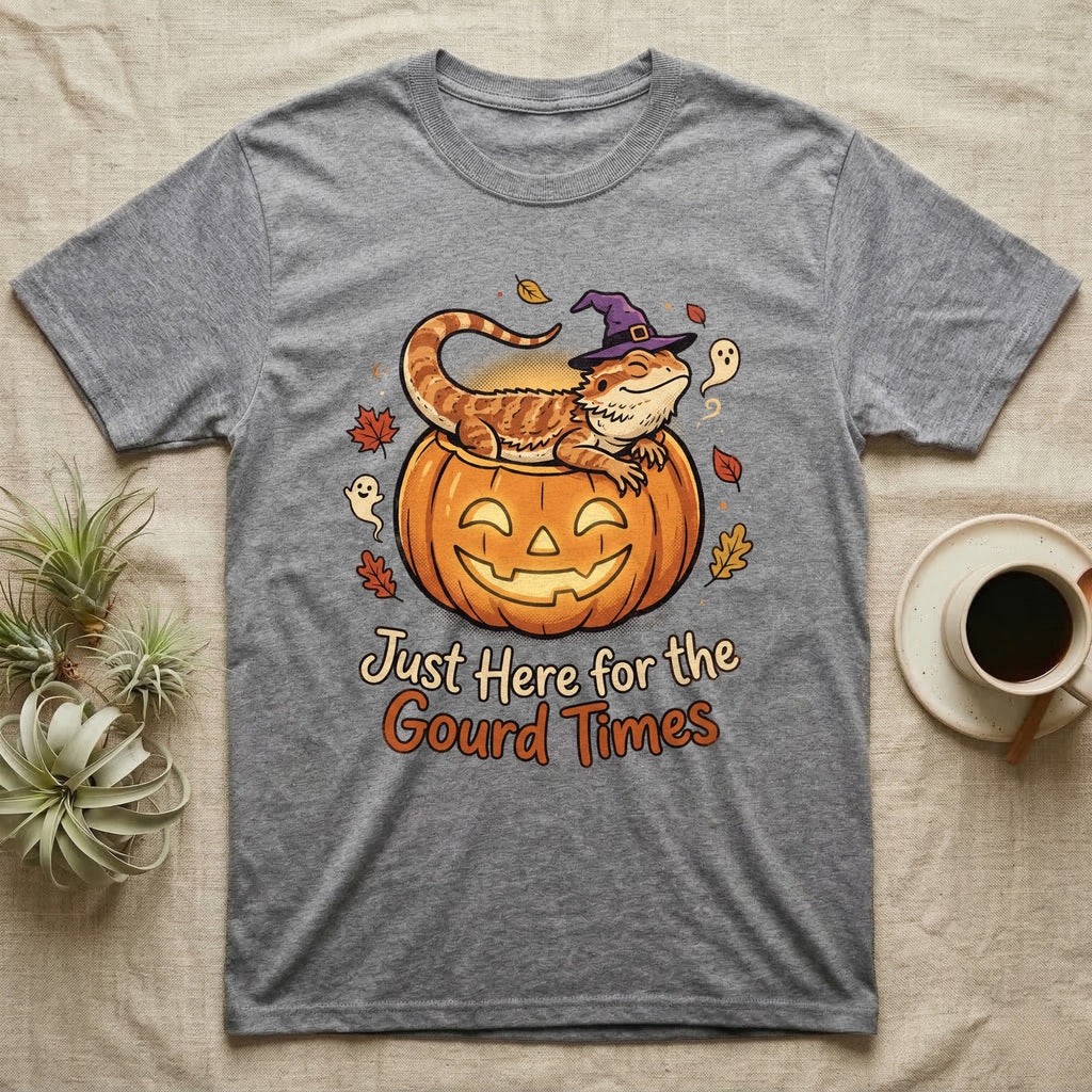 Bearded Dragon Gourd Times T-Shirt in Sport Grey — Cartoon bearded dragon in a witch hat lounging in a jack-o'-lantern, "Just Here for the Gourd Times."