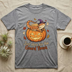 Bearded Dragon Gourd Times T-Shirt in Sport Grey — Cartoon bearded dragon in a witch hat lounging in a jack-o'-lantern, "Just Here for the Gourd Times."