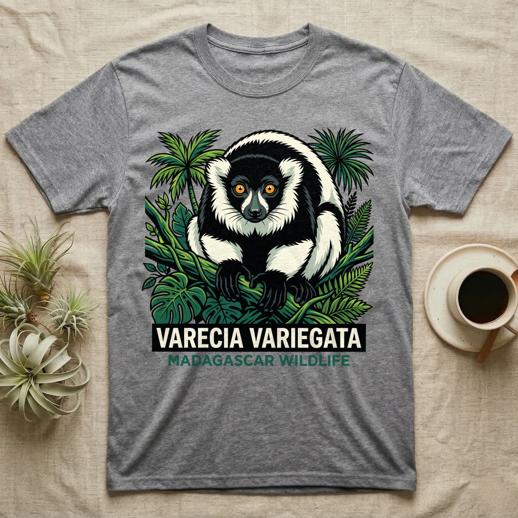 Grey t-shirt with black and white ring-tailed lemur illustration and "Varecia Variegata Madagascar Wildlife" text.