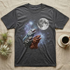 Tegu Moon Howl T-Shirt in Dark Heather — Three Tegu colour morphs howling at a full moon over a nebula on a dark grey t-shirt.