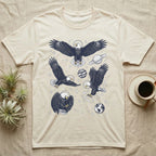 Cream t-shirt with four detailed eagle illustrations and celestial elements.