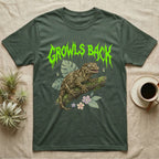 Leachianus Gecko Feral T-Shirt in Military Green — Leachianus giant gecko on a mossy branch under jagged lime-green metal text GROWLS BACK with pastel leaves