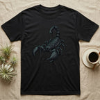 Glowing Emperor Scorpion T-Shirt in Black — Bold flat illustration of an emperor scorpion traced with a glowing blacklight-teal UV rim on a grey background.