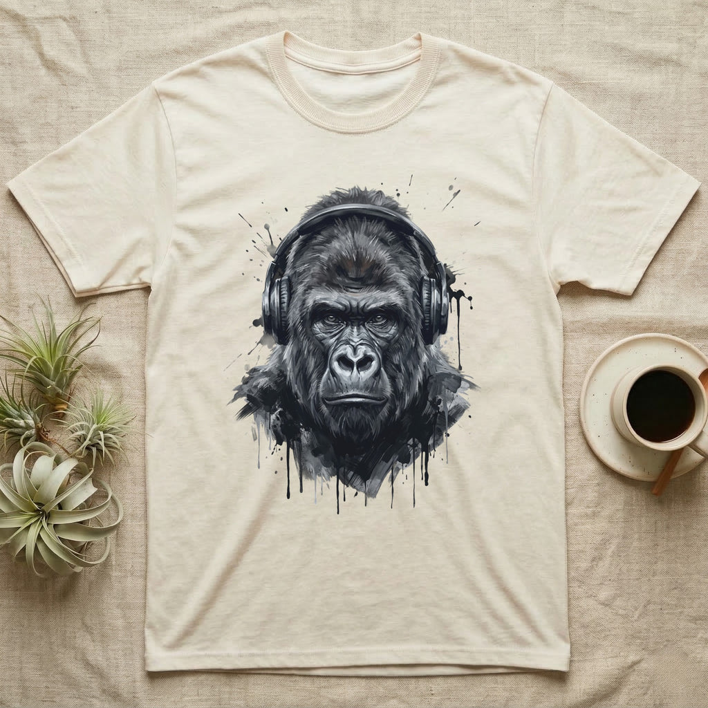 Gorilla wearing headphones, painted style, on a cream t-shirt.