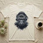 Gorilla wearing headphones, painted style, on a cream t-shirt.