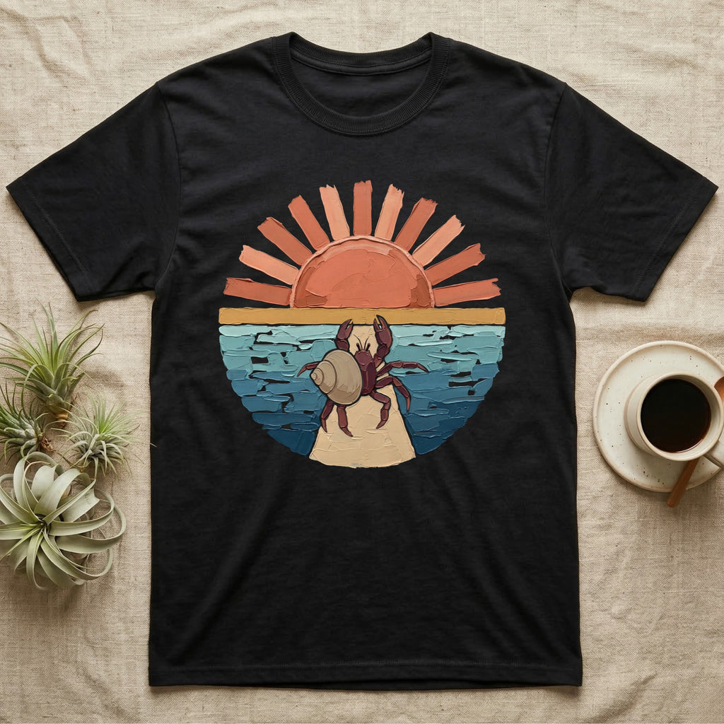 Hermit Crab Big Stretch T-Shirt in Black — Palette-knife painted medallion of a Caribbean hermit crab at full stretch under a coral sunburst.