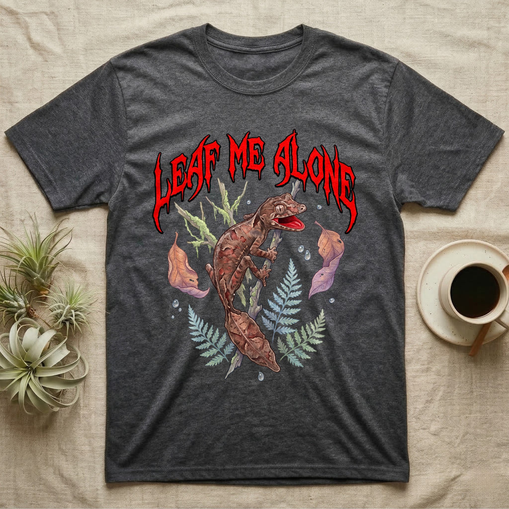 Satanic Leaf-Tailed Gecko Feral T-Shirt in Dark Heather — Satanic leaf-tailed gecko gaping on a twig with dripping blood-red metal "Leaf Me Alone" wordmark above