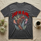 Satanic Leaf-Tailed Gecko Feral T-Shirt in Dark Heather — Satanic leaf-tailed gecko gaping on a twig with dripping blood-red metal "Leaf Me Alone" wordmark above