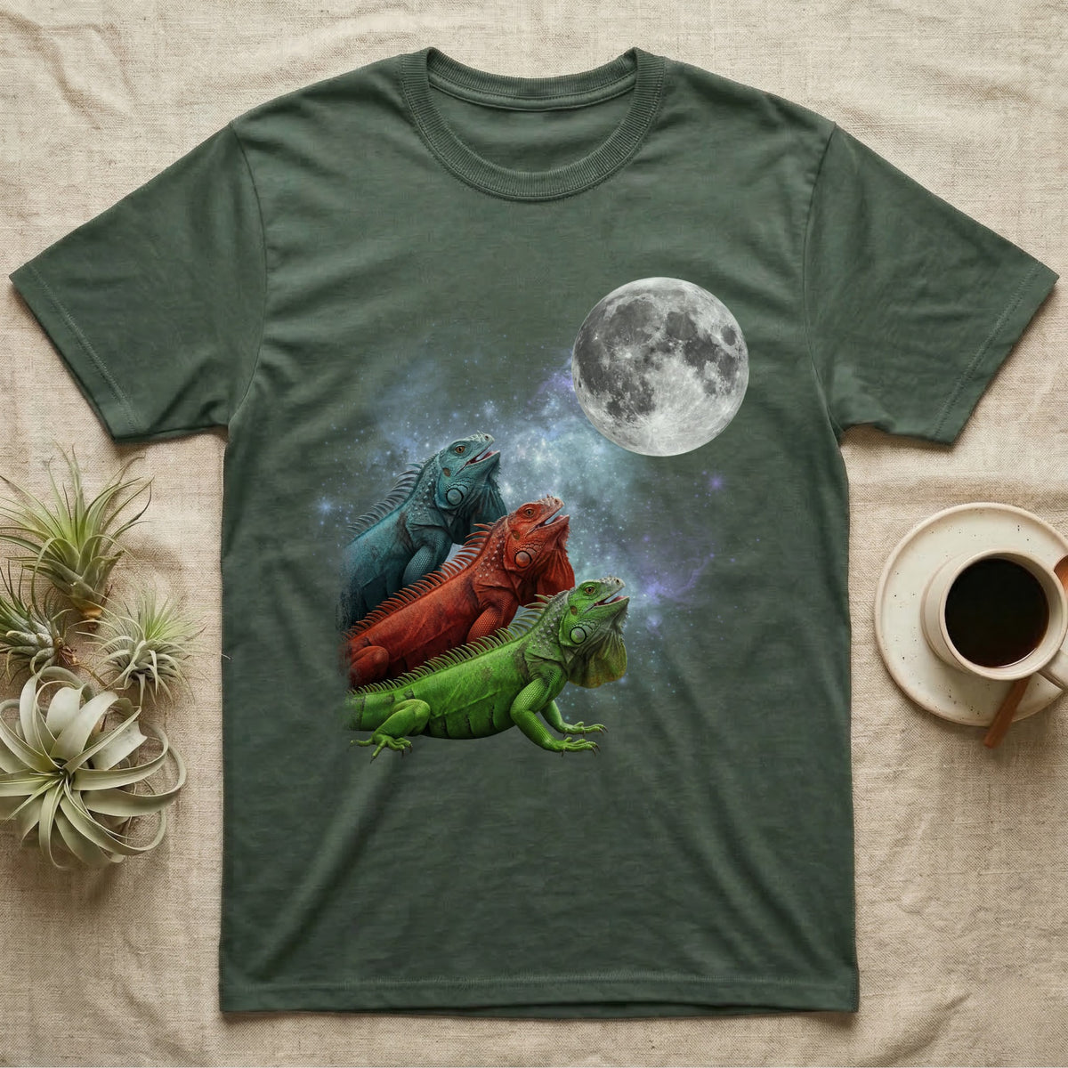 Green Iguana Moon Howl T-Shirt in Military Green — Three Green Iguana colour morphs howling at a full moon over a nebula on a dark grey t-shirt.