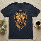 Leopard wearing gold headphones on a dark t-shirt.