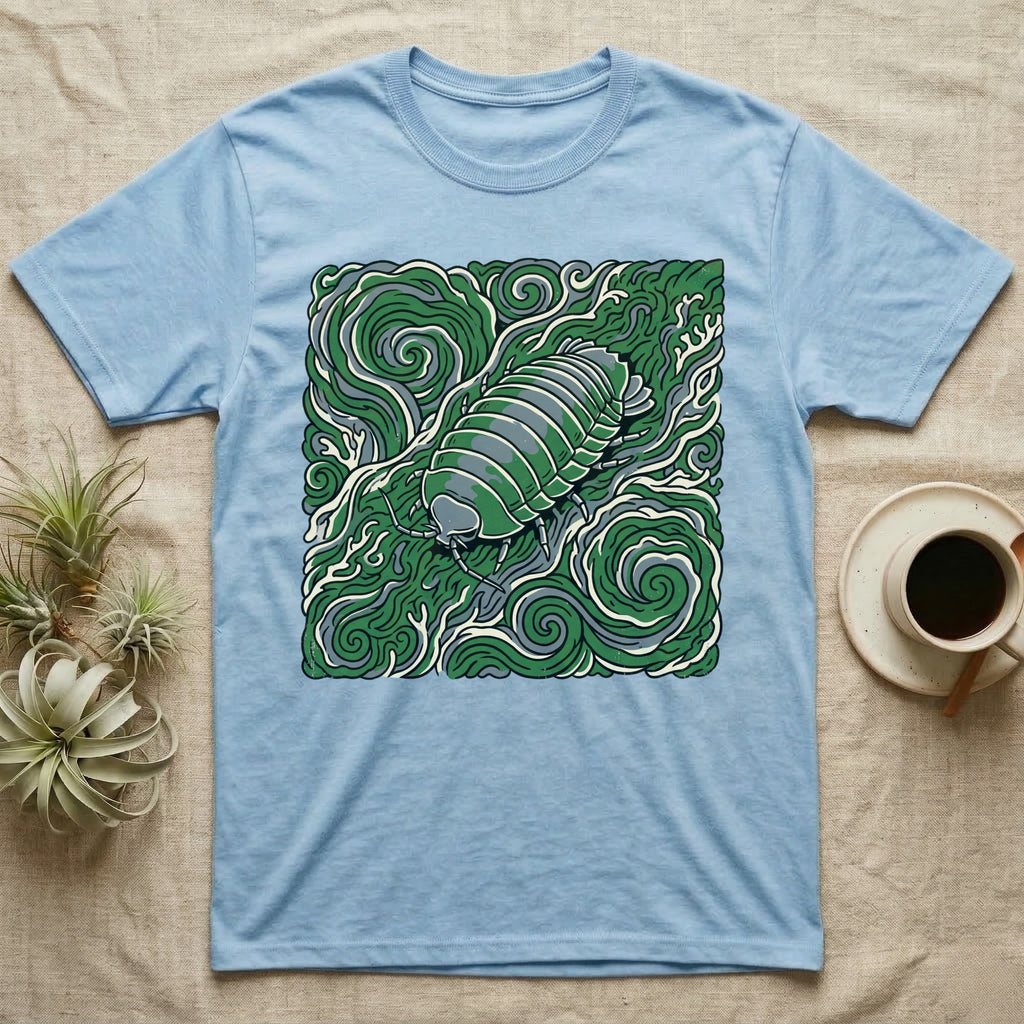 Light blue t-shirt with a green pill bug design on a swirling green background.
