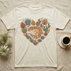 Cream t-shirt with heart-shaped desert plants and gecko graphic.