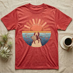 Hermit Crab Big Stretch T-Shirt in Heather Red — Palette-knife painted medallion of a Caribbean hermit crab at full stretch under a coral sunburst.