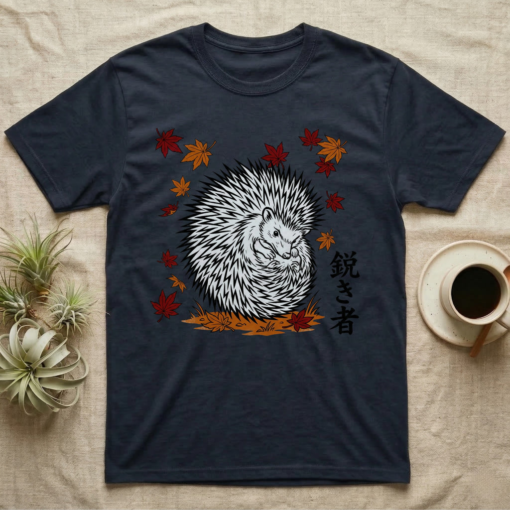 Dark t-shirt with a white hedgehog and Japanese text surrounded by autumn leaves.
