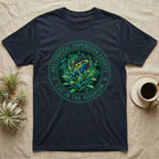 Dark t-shirt with green circle logo featuring a frog in a tropical environment.