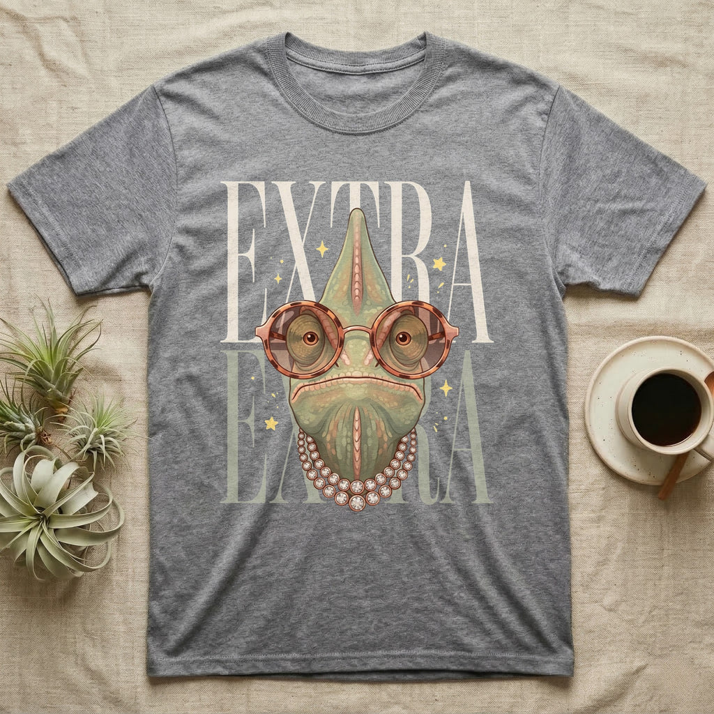 Grey t-shirt with a graphic of a chameleon wearing glasses and pearls.