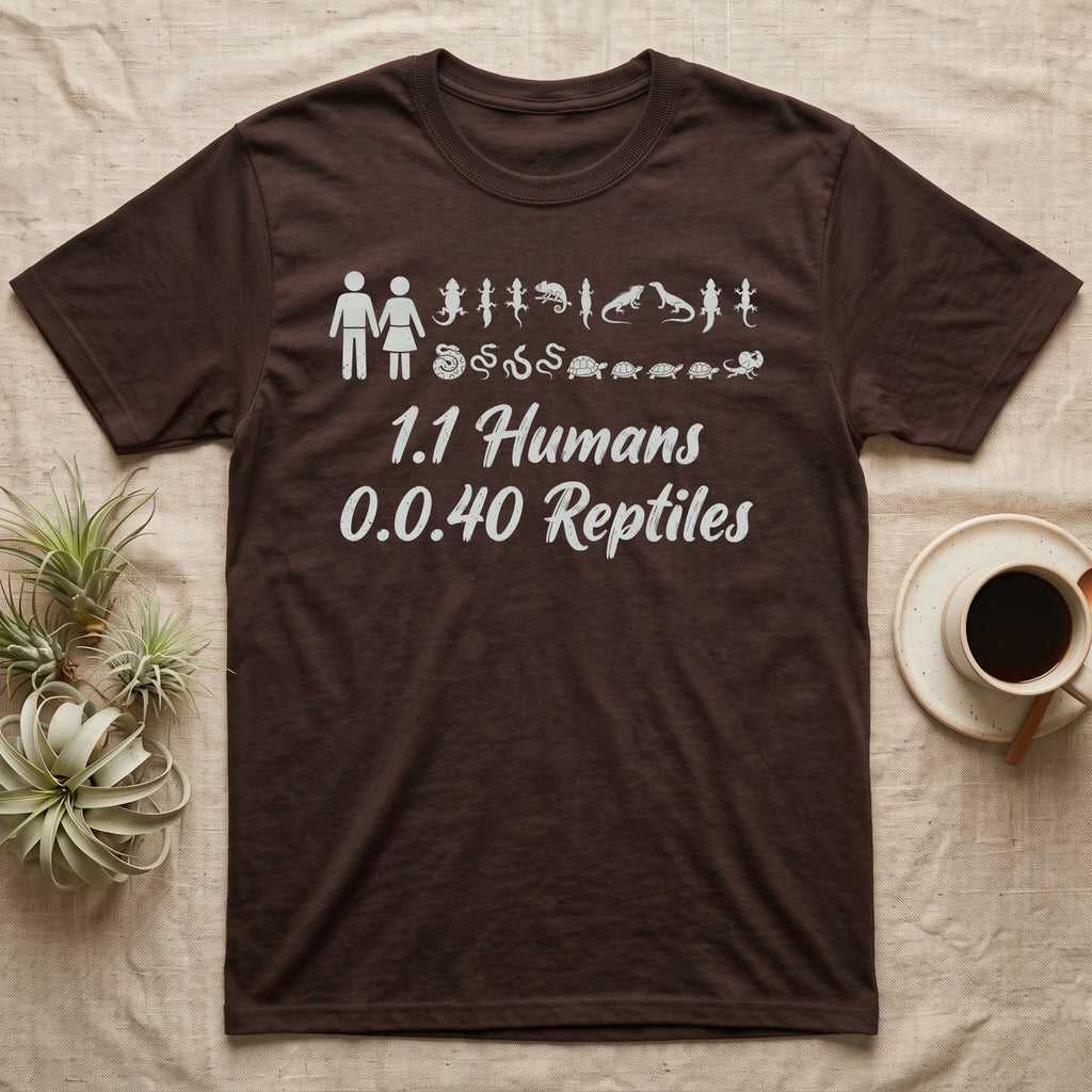 Reptile Family Decal T-Shirt in Dark Chocolate — Stick-figure family decal of two humans beside two rows of reptile stickers, over script reading 1.1 Humans 0.0.40 Reptiles