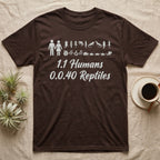 Reptile Family Decal T-Shirt in Dark Chocolate — Stick-figure family decal of two humans beside two rows of reptile stickers, over script reading 1.1 Humans 0.0.40 Reptiles