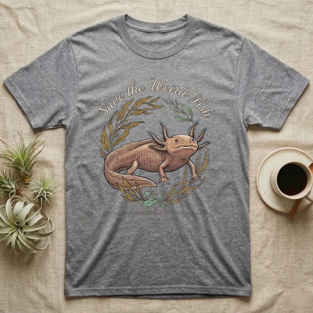 Axolotl Save Weird Fish T-Shirt in Sport Grey — Botanical axolotl with teal gill plumes inside a water-plant wreath; script type "Save the Weird Fish" arched above.