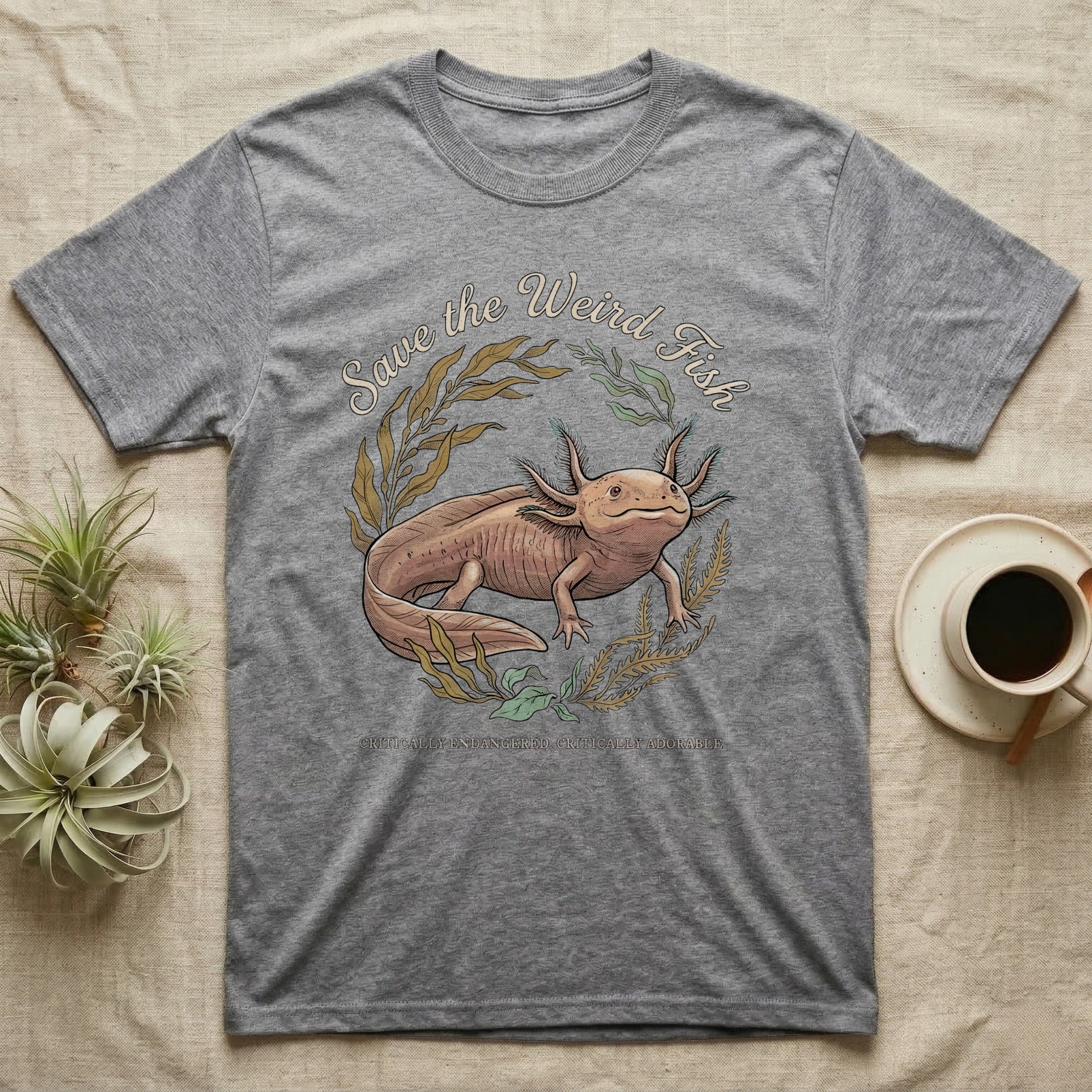 Axolotl Save Weird Fish T-Shirt in Sport Grey — Botanical axolotl with teal gill plumes inside a water-plant wreath; script type "Save the Weird Fish" arched above.