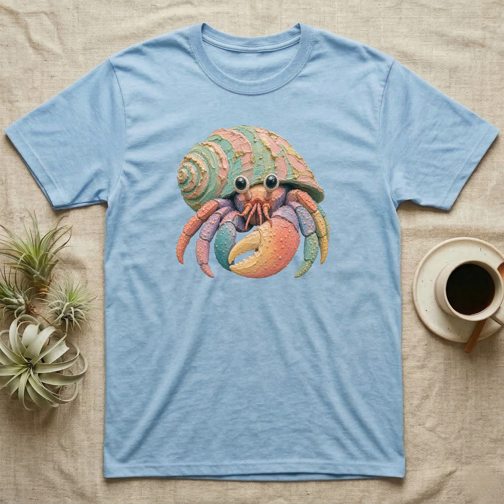 Light blue t-shirt featuring a colorful cartoon hermit crab.