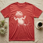 Begging Bearded Dragon T-Shirt in Heather Red — Sad-meme halftone illustration of a bearded dragon standing upright with arms pressed to unseen glass, looking forlorn.