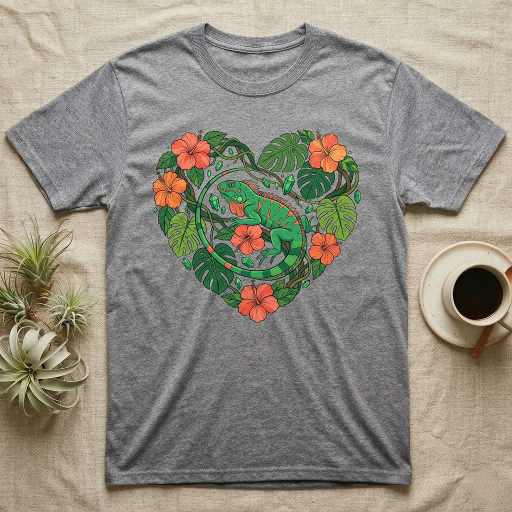 Grey t-shirt with a green iguana and tropical flowers forming a heart.