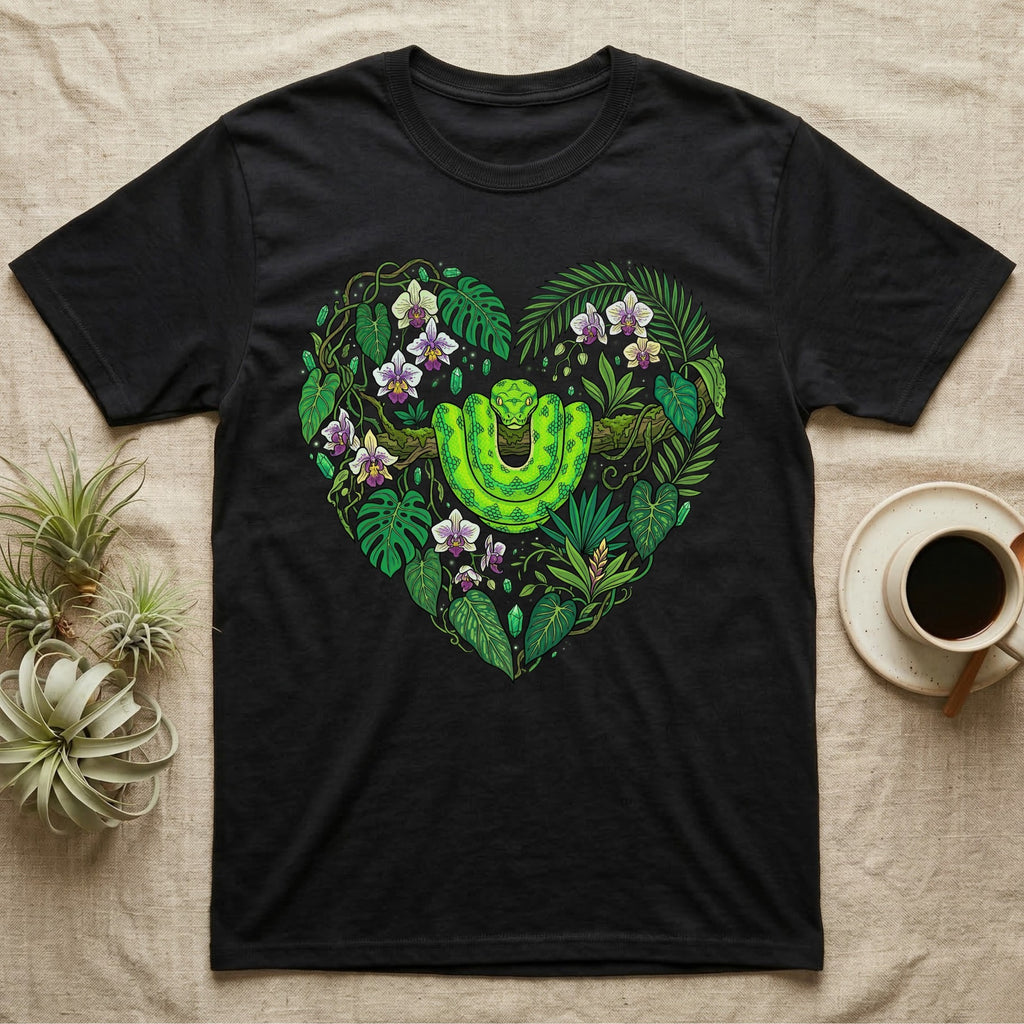 Black t-shirt with a green snake and tropical leaves forming a heart.