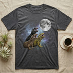Savannah Monitor Moon Howl T-Shirt in Dark Heather — Three Savannah Monitor colour morphs howling at a full moon over a nebula on a dark grey t-shirt.