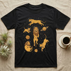 Black t-shirt with illustrated lions in space wearing astronaut helmets and planets.