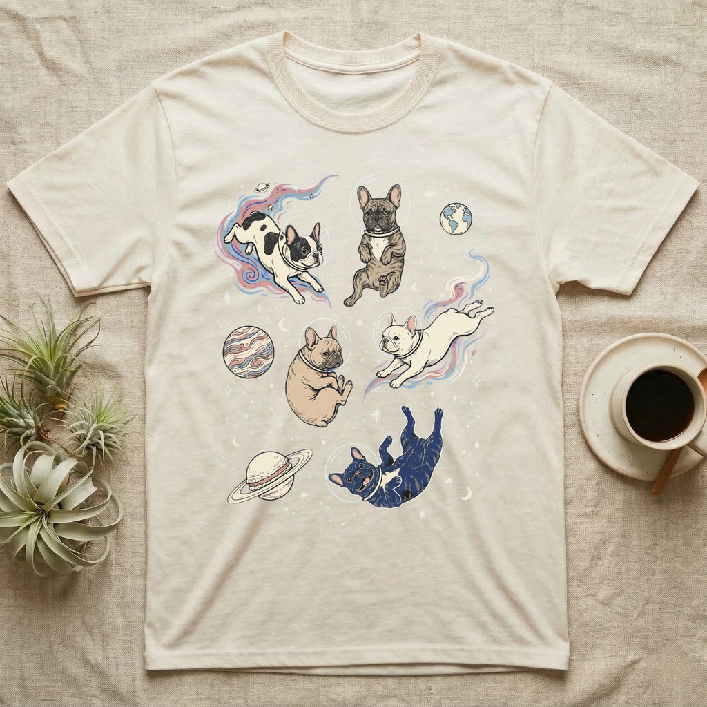 T-shirt with French bulldogs floating in space with planets and stars.