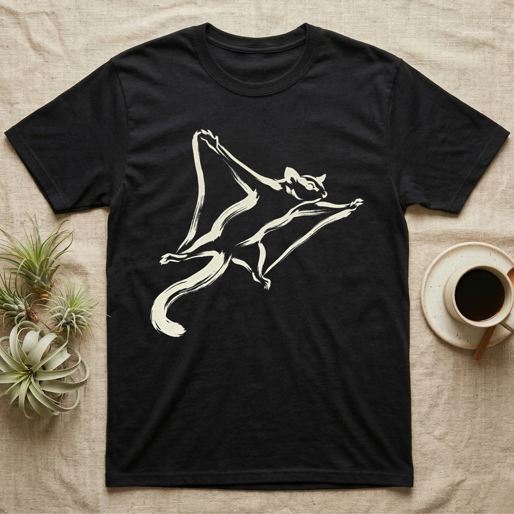 Black t-shirt with a white stylized drawing of a flying squirrel.