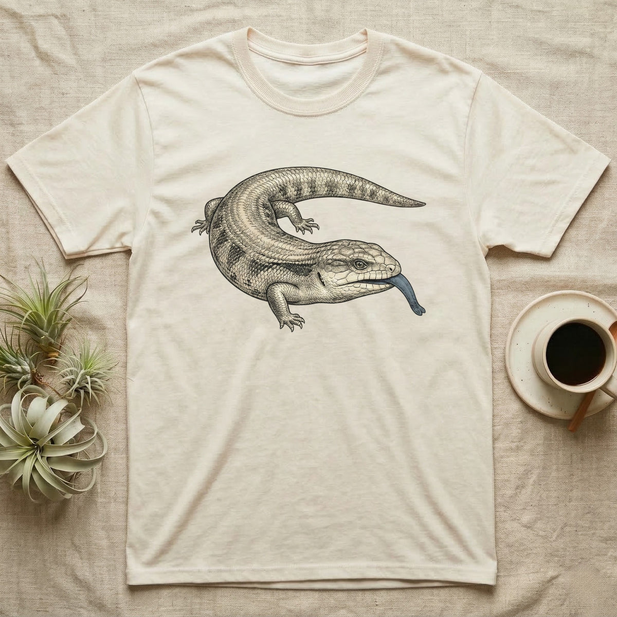 Cream t-shirt with blue-tongued skink illustration, coffee cup, and air plants.