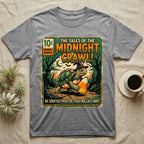 Tortoise Midnight Crawl Comic T-Shirt in Sport Grey — Vintage comic cover of a witch-hatted tortoise with candy corn in a moonlit forest, "Tales of the Midnight Crawl."