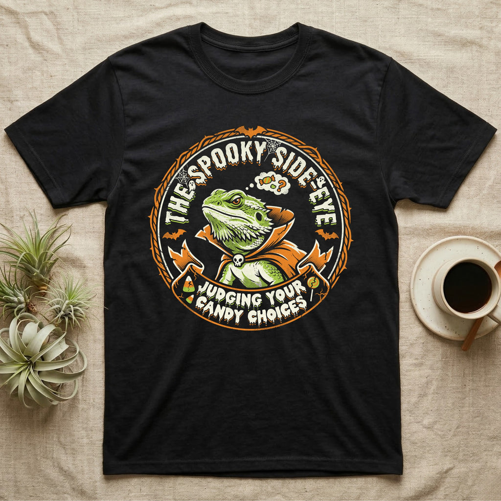 Bearded Dragon Spooky Side-Eye T-Shirt in Black — Distressed badge of a caped bearded dragon giving side-eye, "The Spooky Side-Eye, Judging Your Candy Choices."