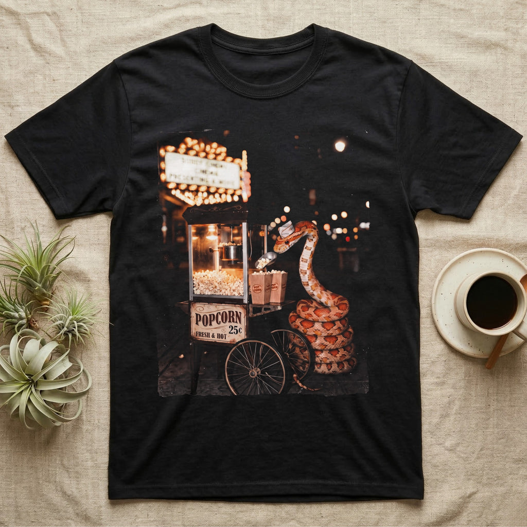 Corn Snake Popcorn Cart T-Shirt in Black — Corn snake coiled beside a vintage popcorn cart holding a scoop over paper boxes under glowing cinema marquee lights.