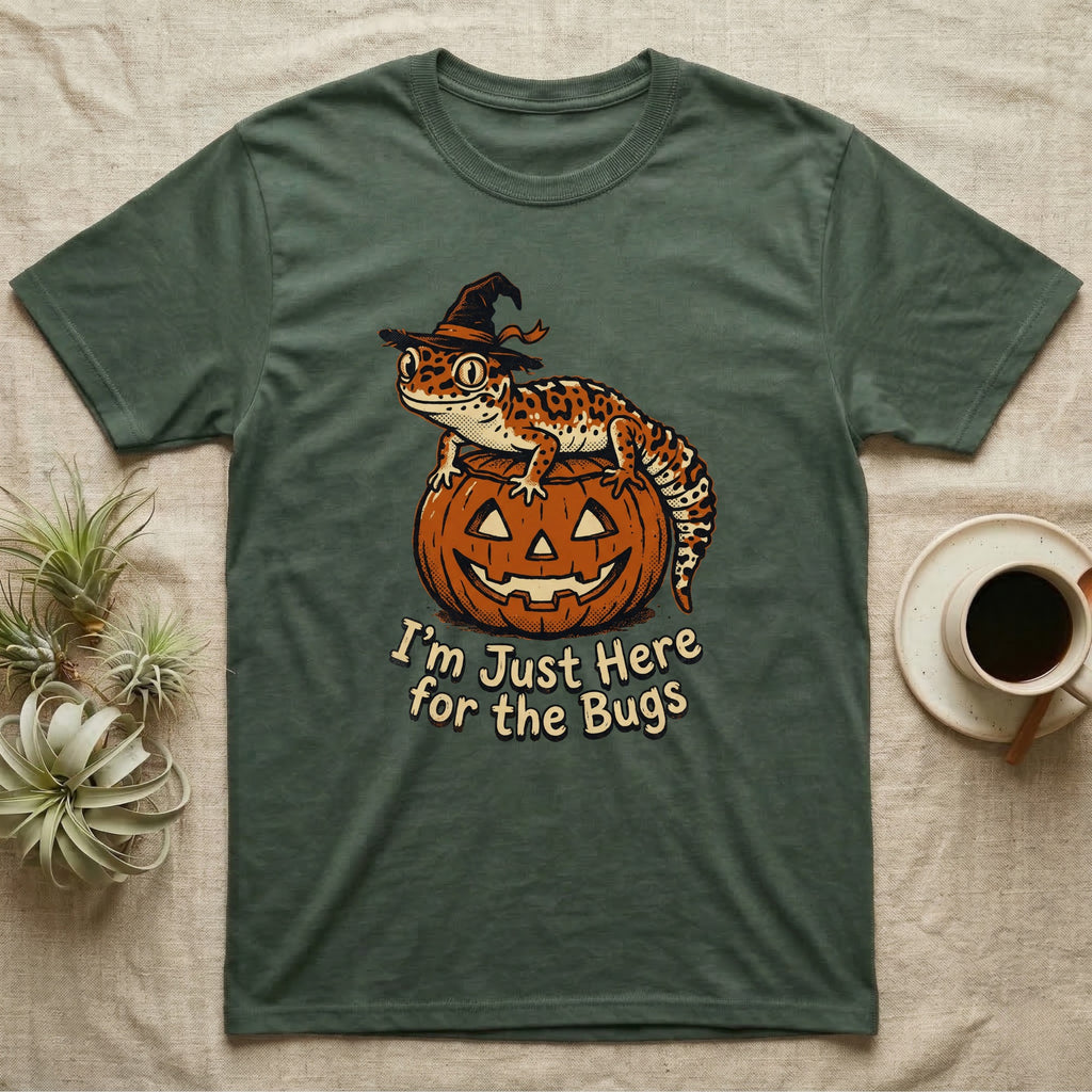 Leopard Gecko Here For Bugs T-Shirt in Military Green — Vintage cartoon leopard gecko in a witch hat on a jack-o'-lantern, "I'm Just Here for the Bugs."