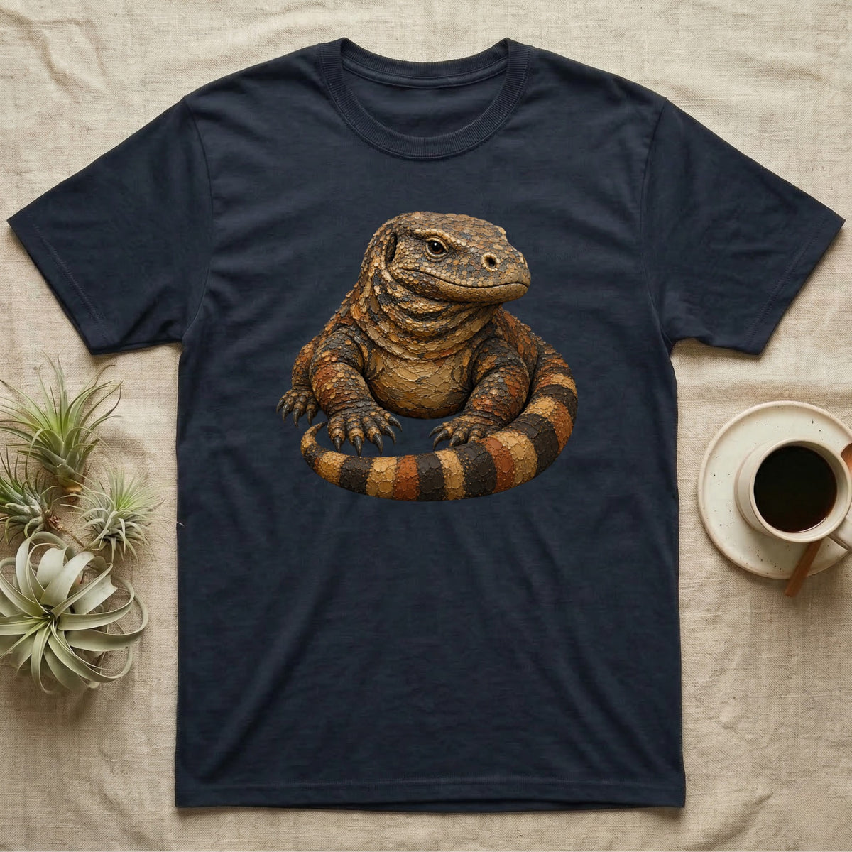 Navy t-shirt with a detailed, realistic illustration of a coiled monitor lizard.